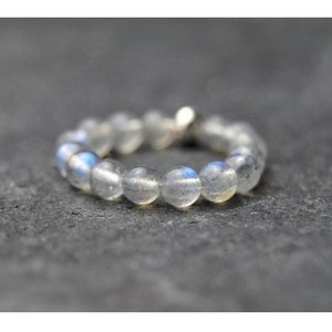 Könnte beinhalten: Ein Ring aus klaren, runden Perlen mit einem dezenten blauen und gelben Schimmer. Die Perlen sind zu einem vollständigen Kreis aufgereiht. Der Ring ist vor einem dunkelgrauen Hintergrund platziert.
