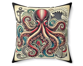Poduszka Octopus Square, Vintage Sailor Design, Retro Charm, Niepowtarzalny prezent LGBT na parapetówkę, Poduszka dla miłośnika tatuaży gejowskich, Queer Home Decor