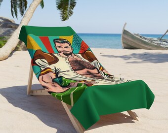 Beach Towel, Football Daddy Vintage Pop Art Design, LGBT Housewarming Gift, Gay Daddy Lover, Retro Charm, Soft Pool Towel, Lumbersexual