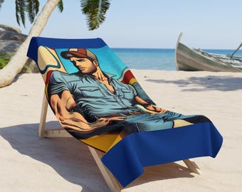 Beach Towel, Service Station Daddy Pop Art Design, LGBT Housewarming Gift, Gay Daddy Lover, Retro Charm, Soft Pool Towel, Gay Rough Trade