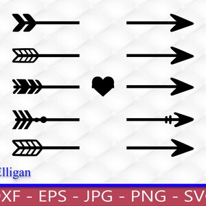 May include: A set of eight black arrow designs, including a heart arrow, for crafting and digital projects.  The arrows are in various styles, including simple, feathered, and with a heart in the middle.