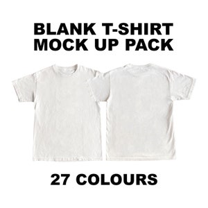May include: A white t-shirt mockup pack with 27 colours. The t-shirt is shown from the front and back.