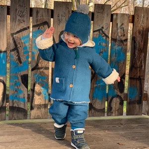 Organic wool jacket fully lined with organic cotton teddy plush, hooded jacket with pompom, children's jacket, baby jacket, winter jacket children