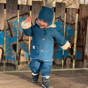 Organic wool jacket fully lined with organic cotton teddy plush, hooded jacket with bobble, children's jacket, baby jacket, children's winter jacket