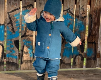 Organic wool jacket fully lined with organic cotton teddy plush, hooded jacket with bobble, children's jacket, baby jacket, children's winter jacket