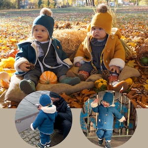 Organic wool jacket fully lined with organic cotton teddy plush, hooded jacket with pompom, children's jacket, baby jacket, winter jacket children