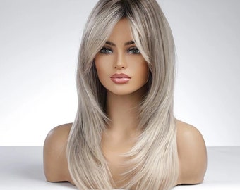 Ash Gray Blonde Synthetic Wig Curtain Bangs Layered Heat Resistant Wigs for Women