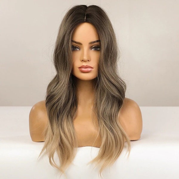 Ash Gray Brown to Blonde Ombre Synthetic Heat Resistant Wig for Women Non-Lace Wigs