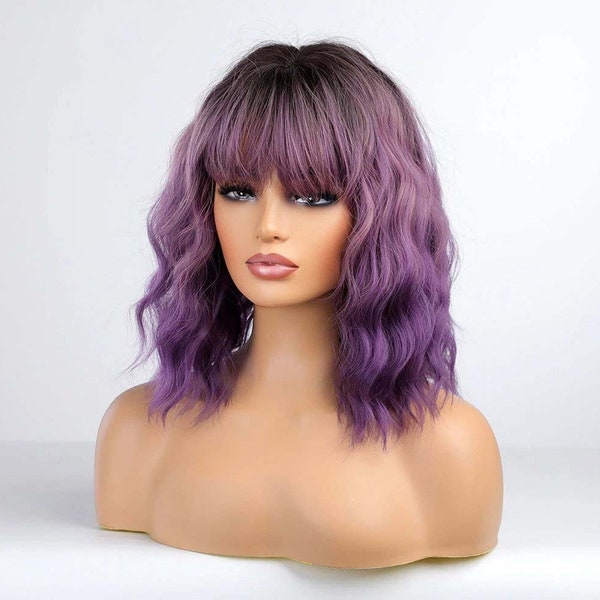 Purple Wavy Bob Wig Fringe Synthetic Heat Resistant Wigs for Women