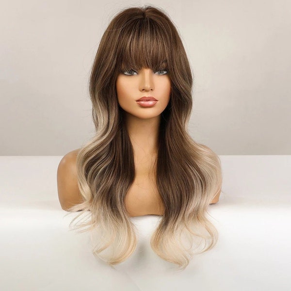 Coffee Brown to Ash Blonde Ombre Wig with Fringe Synthetic Heat Resistant Wigs for Women