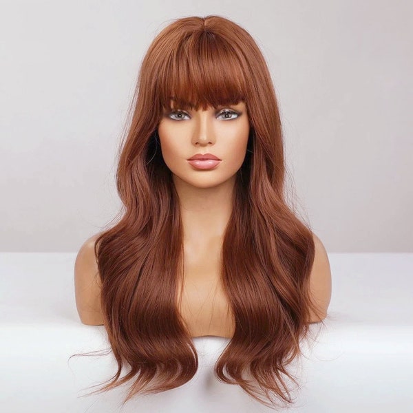 Natural Copper Brown Curly Auburn Wig with Bangs Synthetic Heat Resistant Wigs for Women Wigs