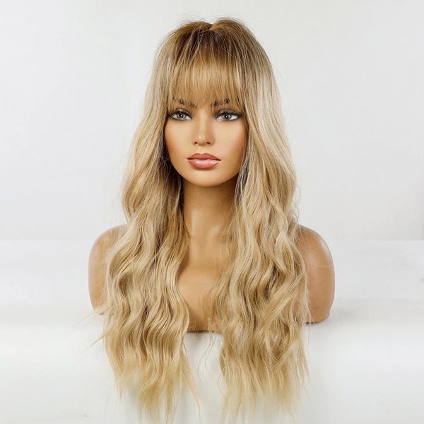 Sandy Blonde Wavy Synthetic Wig with Bangs Darker Roots Heat Resistant Wigs for Women