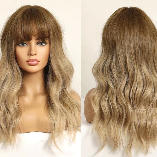 Blonde Wavy Ombre Wig Synthetic High Quality Wigs for Women Caramel Warm Bronde