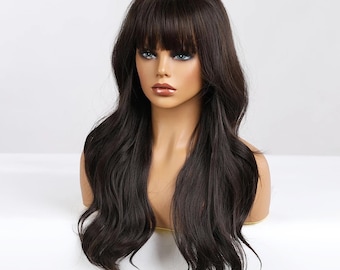 Dark Brown Loose Curl Synthetic Wig with Fringe Long Heat Resistant Wigs for Women