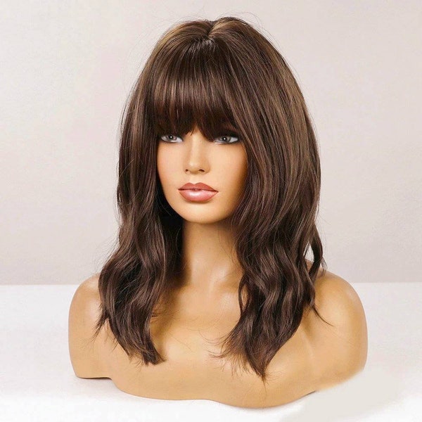 Medium Brown Mid Length Wig with Fringe Synthetic Heat Resistant Wigs for Women