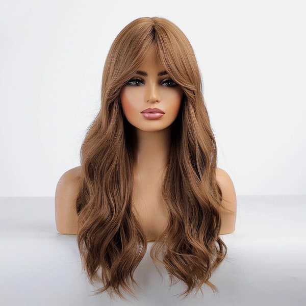 Light Brown Curtain Bangs Natural Color Synthetic Wig Heat Resistant Wigs for Women