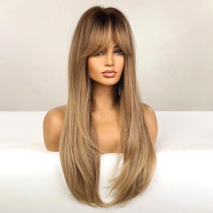 Long Caramel Blonde Wig Dark Roots for Women Curtain Bangs Synthetic Heat Resistant Wigs