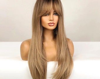 Long Caramel Blonde Wig Dark Roots for Women Curtain Bangs Synthetic Heat Resistant Wigs