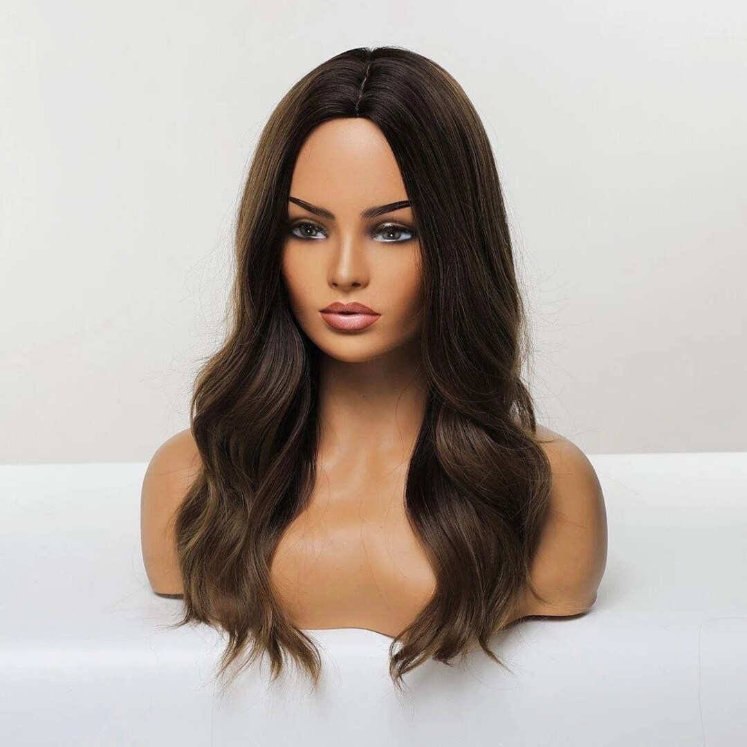 Medium Length Brown Darker Roots Synthetic Heat Resistant Wig Etsy