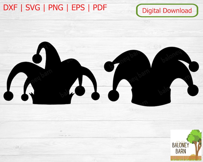 May include: Two black jester hats with bell accents, a digital download. The hats are in silhouette against a white wood-grain background. The top of the image has file type options: DXF, SVG, PNG, EPS, and PDF.