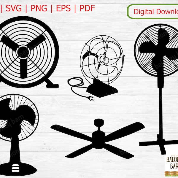 Fan Clipart SVG, Fans Silhouette, Ceiling Fan, Floor Lufter, Desktop Desk Table Fan, Oscillating Air, Rotating Blow Cool, Digital Download