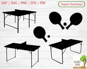 May include: Black and white silhouette digital download of a ping pong table and two paddles. The table is a folding table with a net in the middle. The paddles are round with a handle. The text "BALONEY BARN" is in the lower right corner of the image.