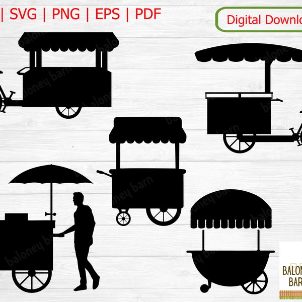 Food Cart Clipart, Hot Dog Ice Cream Cart Silhouette, Essen Wagen, Fast Food Party, Bike Bicycle Street, Food Kiosk SVG, Digital Download