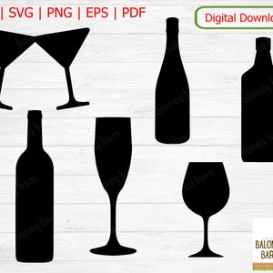 Clipart alcool, vin SVG, Silhouette de bouteille de vin, flûte à champagne, verre à Martini alcoolique, bouteille de champagne, boisson alcoolisée, téléchargement numérique