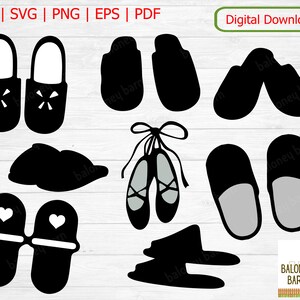 May include: A digital download of 10 black and white silhouette SVG cut files. The files include slippers, ballet shoes, and flip flops. The text "Baloney Barn" is in the bottom right corner of the image.