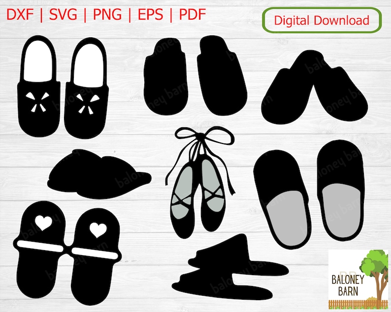 May include: A digital download of 10 black and white silhouette SVG cut files. The files include slippers, ballet shoes, and flip flops. The text "Baloney Barn" is in the bottom right corner of the image.
