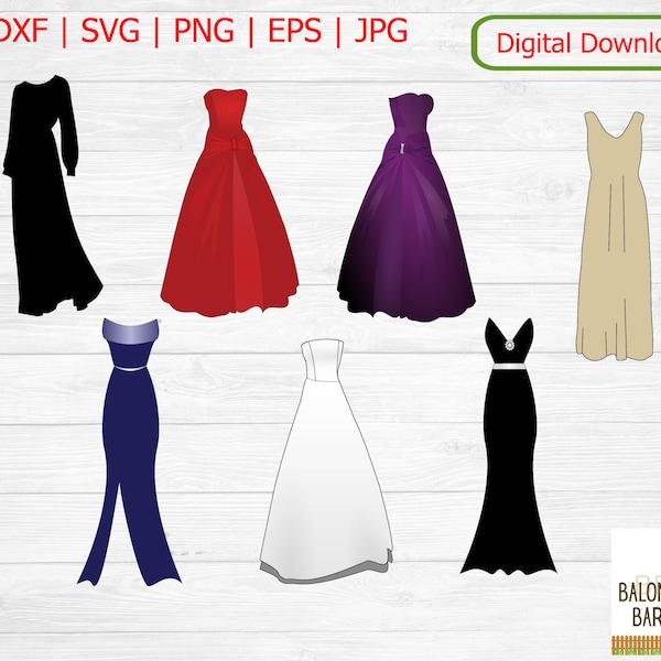 Dress Clipart SVG, Prom Night, Evening Attire, Long Gown, Fancy Wedding Dress, Dress Up, Date Night, Floor Length, Digital Download