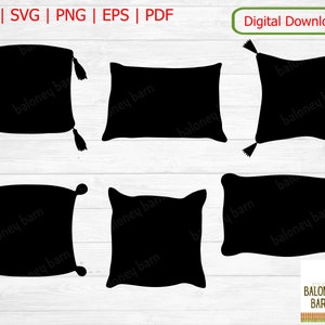 Puede incluir: Siluetas negras de almohadas en varias formas, incluyendo diseños cuadrados y rectangulares. Algunas almohadas presentan borlas decorativas en las esquinas. La imagen incluye el texto "Digital Download" y opciones de tipo de archivo: DXF, SVG, PNG, EPS y PDF.