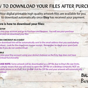 May include: A white wood background with a purple text box that says "How to Download Your Files After Purchase". The text box contains instructions on how to download digital printable artwork files after purchasing them on Etsy.