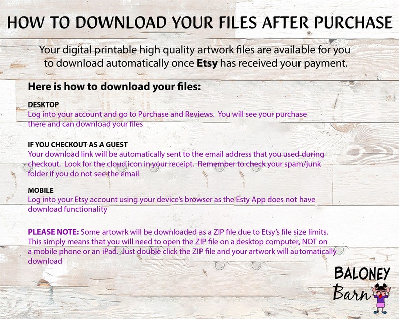 May include: A white wood background with a purple text box that says "How to Download Your Files After Purchase". The text box contains instructions on how to download digital printable artwork files after purchasing them on Etsy.