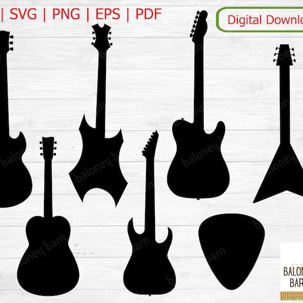 Guitar SVG, Musical Clipart, Electric Acoustic, Guitar Silhouette, Stringed Instrument, Bass Guitar Decal, Guitar Pick, Digital Download