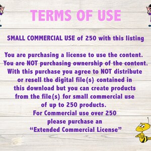 May include: A digital graphic with the text "TERMS OF USE" in pink. The text explains the terms for small commercial use of up to 250 products, and the need for an extended license for more.