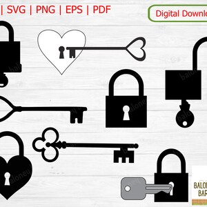 May include: A set of black and white digital cut files featuring various lock and key designs. The designs include a heart-shaped lock and key, a traditional padlock and key, and a keyhole with a heart-shaped key. The text "BALONEY BARN" is also included in the image.