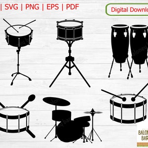 May include: A set of five black silhouette images of different types of drums. The drums include a snare drum, a bass drum, a tom-tom, a conga drum, and a set of drums with a bass drum, snare drum, and cymbal.