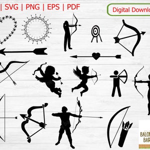 Bow And Arrow Clipart SVG, Archery SVG, Bow and Arrow Decal, Bulls Eye, Shooting Arrow, Clipart Bundle, Cupid Silhouette, Digital Download