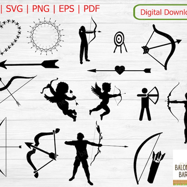 Bow And Arrow Clipart SVG, Archery SVG, Bow and Arrow Decal, Bulls Eye, Shooting Arrow, Clipart Bundle, Cupid Silhouette, Digital Download