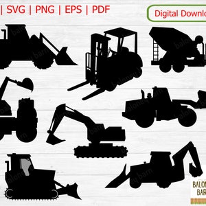 May include: A set of ten black silhouette SVG cut files of construction vehicles, including a bulldozer, excavator, forklift, cement mixer, and dumper truck. The files are for digital download only.