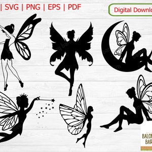 May include: Set of six black silhouette fairy SVG cut files. The fairies are in various poses, including flying, sitting, and standing. One fairy is sitting on a crescent moon. The text "Baloney Barn" is at the bottom of the image.