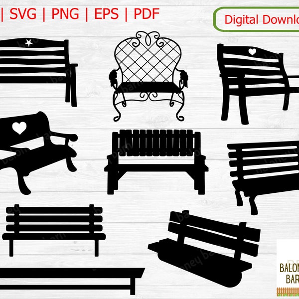 Bench Clipart SVG, Park Bench, Bench Silhouette, Long Wood Seat, Bank Designs, Garden Seat, Public Bench, Wooden Slats, Digital Download