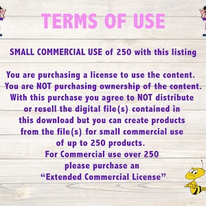 May include: A pink and purple text graphic on a woodgrain background with the text "TERMS OF USE" in large letters. The text below explains the terms of use for a small commercial licence for up to 250 products. The text also explains that for commercial use over 250 products, an "Extended Commercial Licence" must be purchased.