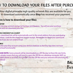 May include: A white background with text explaining how to download digital artwork files after purchase on Etsy. Instructions are provided for desktop, guest checkout, and mobile downloads. The Baloney Barn logo is in the bottom right corner.