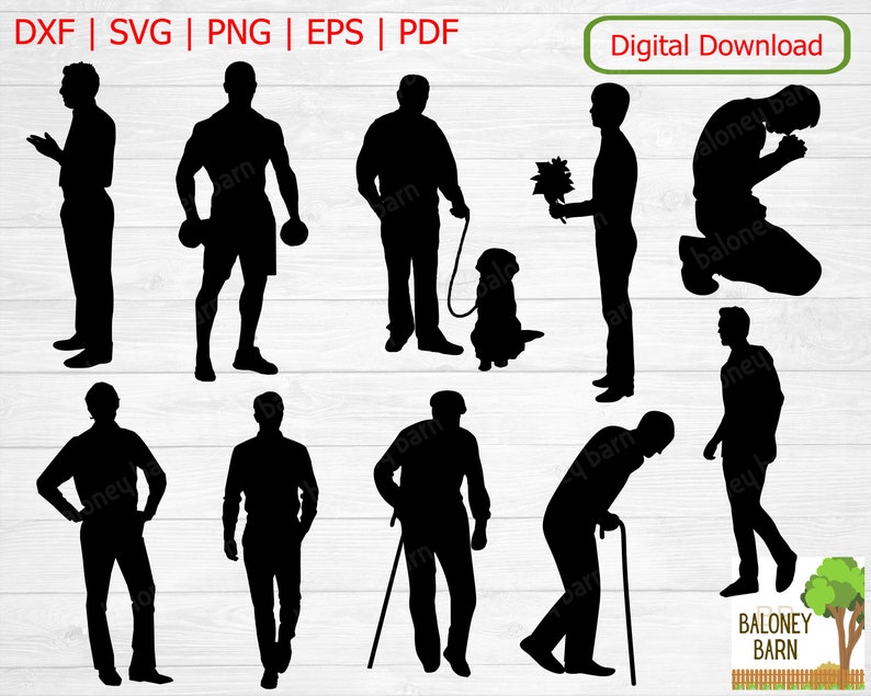 May include: A digital download of ten black silhouette images of men in various poses. The images are set against a wood grain background. The text "BALONEY BARN" is at the bottom of the image.