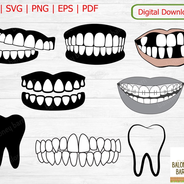 Teeth Clipart, Tooth SVG, Tooth Silhouette, False Teeth, Artificial Dentures, Missing Teeth, Teeth Braces, Denture Teeth, Digital Download