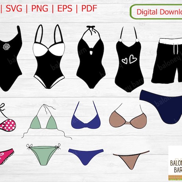 Swimsuit Clipart, Bathing Suit SVG, Swimsuit Silhouette, Bathing Suit , Bikini SVG, Swim Trunks, Swim Suit, One Piece, Digital Download