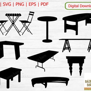May include: A selection of black silhouette images of tables and chairs, including a bistro set, a round table, a trestle table, and a bench. The image also includes the text "DXF | SVG | PNG | EPS | PDF" and "Digital Download".