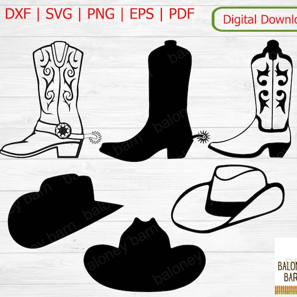 Cowboy Boots Clipart, Hat SVG,  Cowboy Hat Silhouette, Spur Spurs, Rancher Cattleman, Western Riding Boot, Stiefel Hut, Digital Download